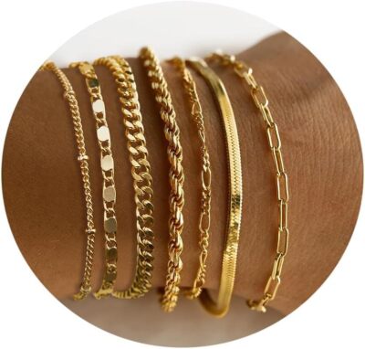 7 Pieces Gold Plated Bracelets for Women 14K Real Gold Elegant Layered Cuban Lin