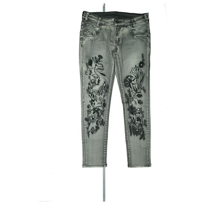 Blue Monkey Jeans 7/8 Hose ankle skinny stretch 34 XS W27 grau Blümchen Strass.
