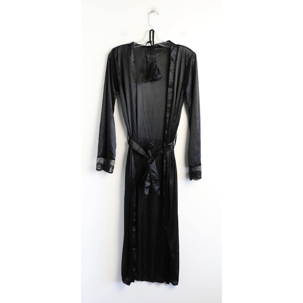 Shein Bath Robe Night Gown silky satin sheer black NWOT new panty set date  long