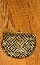 Vintage Evening Bag Gold Silver Black Beaded Purse Made in Hong Kong