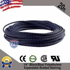 20 FT 1/4" Black Blue Expandable Wire Sleeving Sheathing Braided Loom Tubing US