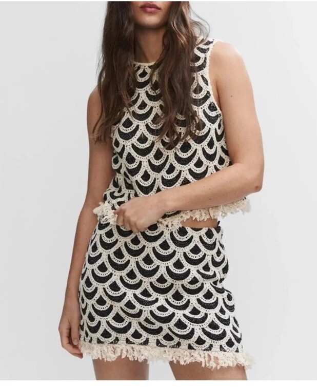 Mango Geometric Crochet Piece Co-Ord Top Skirt Set Size XS NWT Black  Beige