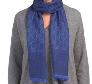 Foulard GUCCI bleu GG 70% laine 30% soie 45 x 180 UNISEXE NEUF avec étiquette