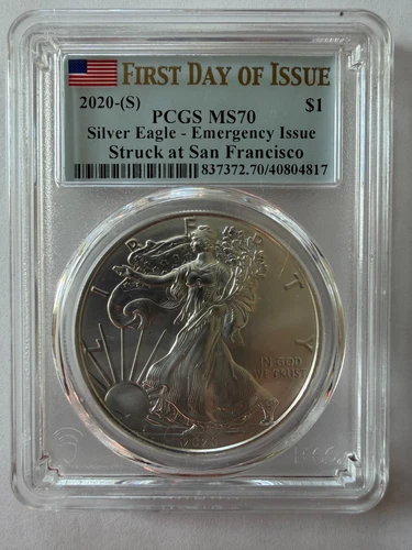2020 (S) SAN FRANCISCO AMERICAN SILVER EAGLE EMERGENCY PRODUCTION PCGS MS70 FDOI