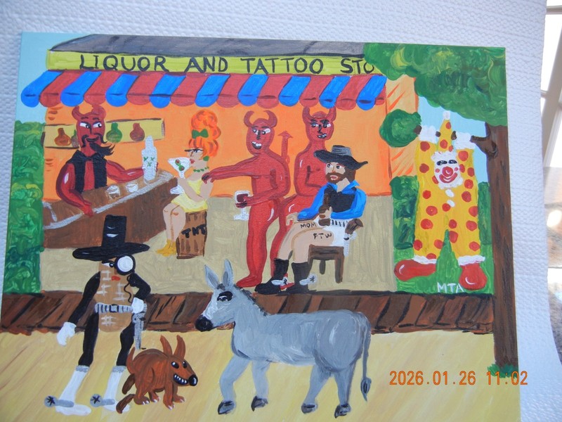 Original Liquor and Tattoo stop Painting, Clown Donkey Devils Mr Peanut 9x7