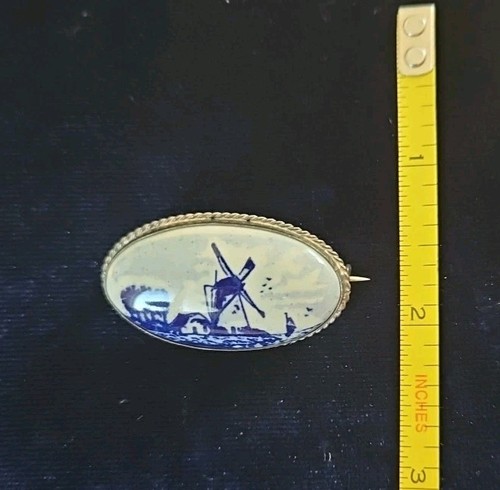 Antique Vintage Dutch Oval Delft Windmill Pottery 835 Silver Brooch Pin #10 - Picture 3 of 7