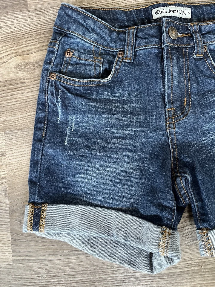 Pantalones Cortos de Denim Cielo Jeans EE. UU. Mujer Talla Pequeña Dobladillo con Puños 5 Bolsillos Lavado Oscuro Foto 4 de 4