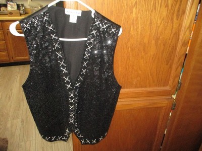 Summit Hill Womens Embellished Beaded Applique Black Vest,Size Med
