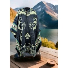 Hooded Poncho Horse Western Reversible Wool Alpaca Boho Hippie Cowboy Lagenlook