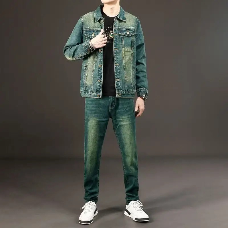 Luxury Men Denim Trendy Two-Piece Set Retro Jeans Washed Casual Jacket Coat