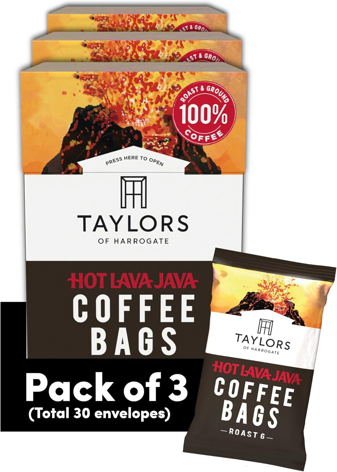 Taylors of Harrogate, Roast 6, Hot Lava Java Coffee Bags, 3 Boxes of 10 (Total 3