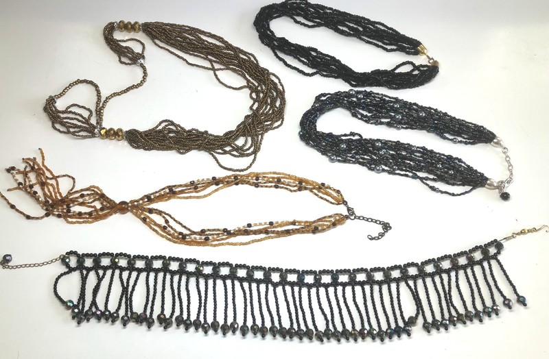 Vintage Lot 5 Gold Silver Multicolor Seed Bead Multi Strand Dangle Necklaces