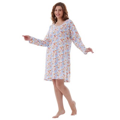Keytime Womens Long Sleeve Nightgown Medium M Blue Orange Floral Sleepshirt