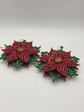 Double Sided Poinsettia Glitter Christmas Tree Ornaments Set Of 2