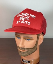 Vtg NISSAN Red Snapback Trucker Hat KELLEHER TIRE KT AUTO Amish Horse Buggy Logo