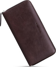 Leather Long Zipper Pouch Wallet for Men and Women with RFID Blocking, Large Clu