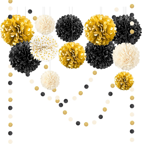 Seidenpapier Pompons Deko 15 StüCk, Schwarzes Gold Tissue Papier Pom Poms Und Do-image