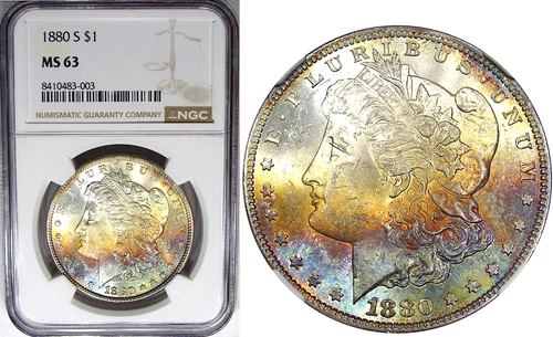 1880-S $1 NGC MS63 SILVER MORGAN DOLLAR ~ EXQUISITE RAINBOW OBVERSE!