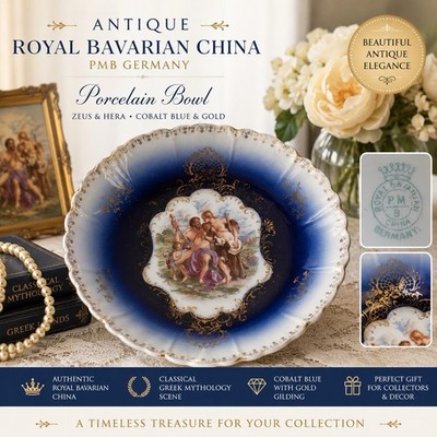 Antique Royal Bavarian PMB Germany Cobalt Gold Zeus Hera Porcelain Bowl