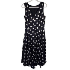 Ann Taylor Navy Blue Midi Dress V-Neck White Polkadot Asymmetrical Flowy 6 Tall
