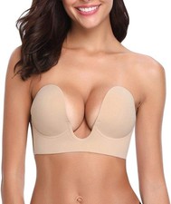 Push Up Adhesive Bra Deep U-Shaped Plunge Sticky Bra Silicone Invisible Size:B 