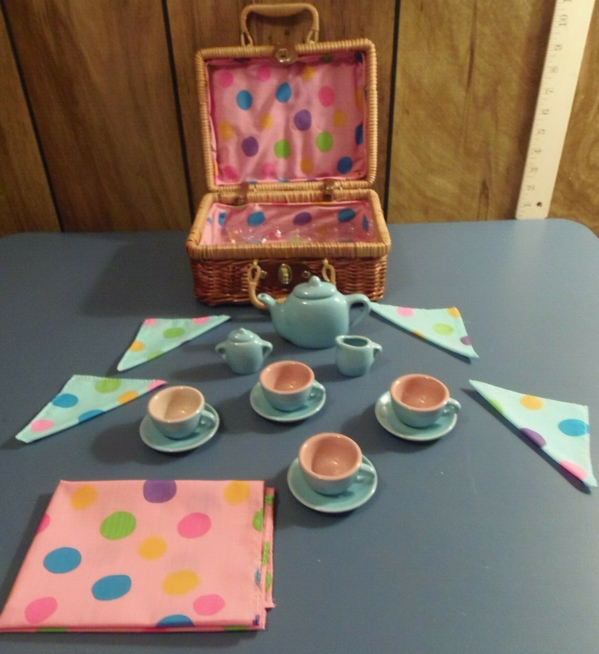 Teal Blue - Multi-Piece Mini Tea Set with Wicker Basket&nbsp;