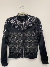 elie tahari Black Silk-Trim Jacket W/ Crochet Metallic and bBaded Accents
