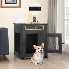 TAUS Wooden Dog Kennel End Table Dog Crate Furniture with Dual USB Charger