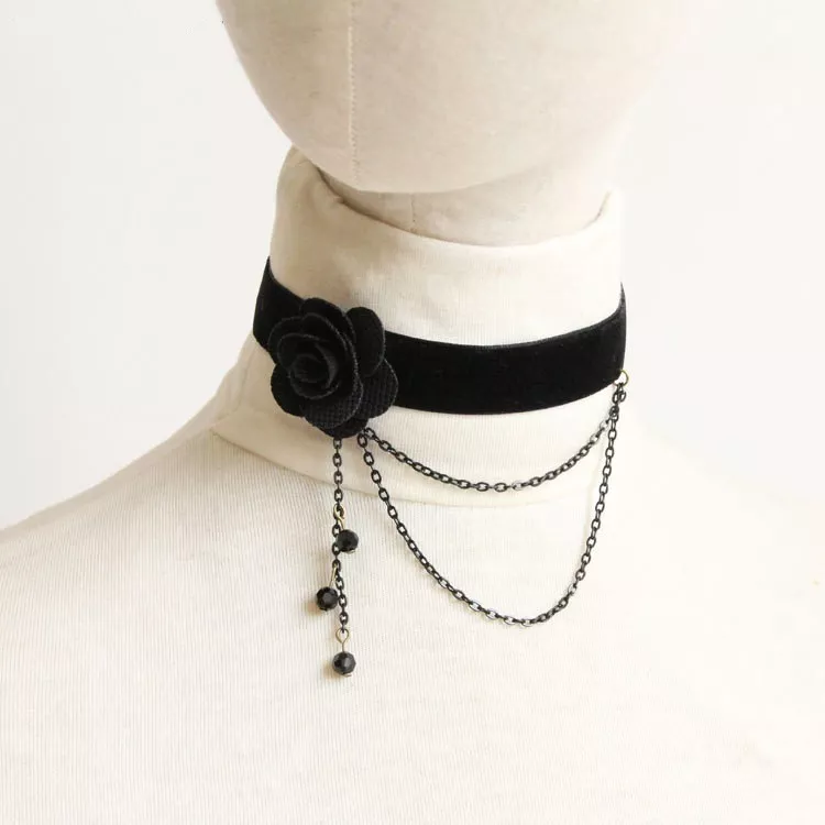 Gothic Victorian Black Velvet Ribbon Black/Red Rose Flower Choker Necklace  LN026