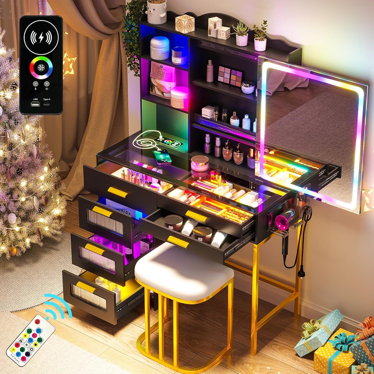 Elegant Glass Vanity Desk with Sliding Mirror, RGB Lights, USB Charging & Stool  