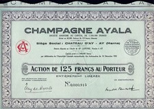Champagne Ayala S.A. , AY (Marne), (Action de 125 Francs) + alle Coupons