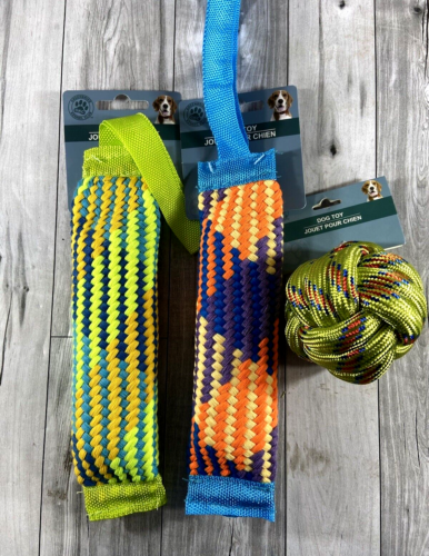 Lot of 3 New Dog Toys: Nylon Rope Ball, 2 Long Squeeky Toys All Size Dogs