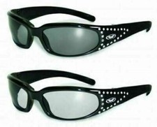 2 Womens Foam Padded Motorcycle Riding Sun Glasses-42 Rhinestones-Smoked  Clear