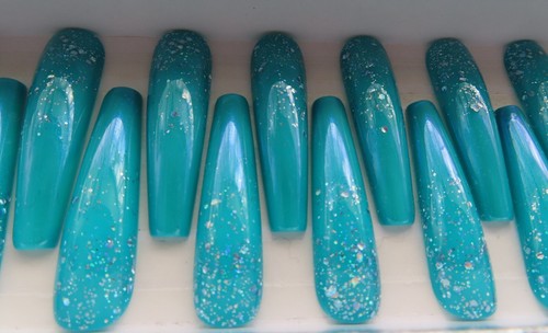 XL Turquoise Glitter Fade Square Coffin Press On Nails (20) - Picture 3 of 4