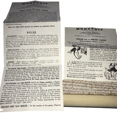 Vintage 1961 Monopoly Replacement Piece Part Rules Instructions