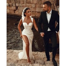 Bridal shower dress,Satin wedding dress,white fitted bridal robe with Slit