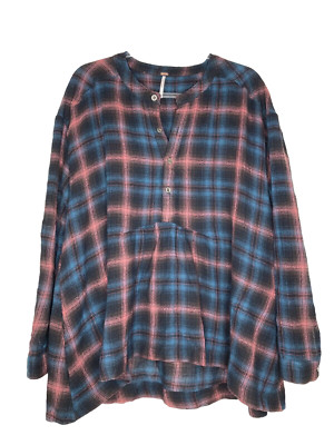 Free People Top Women Large Plaid Blue Pink Hi Lo Long Sleeve 100% Wool