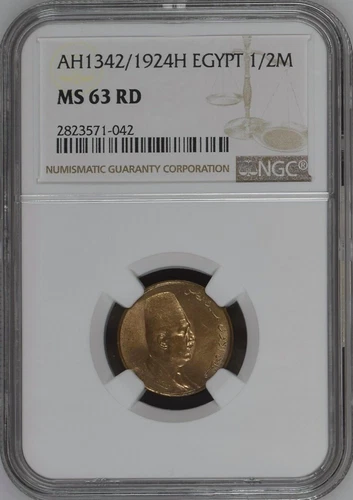 EGYPT , 1/2 MILLIEME KING FUAD FOUAD 1924 NGC MS 63 RD - FULL RED , RAREN