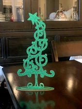Laser Cut Wooden Green Glitter Christmas Tree Holiday Tabletop Ornament