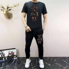 New Men Luxury Bear Rhinestones Set Black T-Shirt Pants High Quality Suit