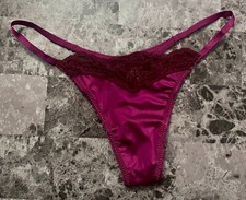 NWT VICTORIA'S SECRET FUSCHIA SATIN SMOOTH MAROON LACE MESH BACK THONG PANTIES