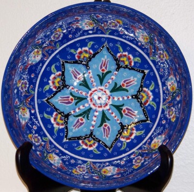 Turkish Blue 10''x3 1/2'' Handmade Iznik Tulip & Floral Pattern Ceramic Bowl