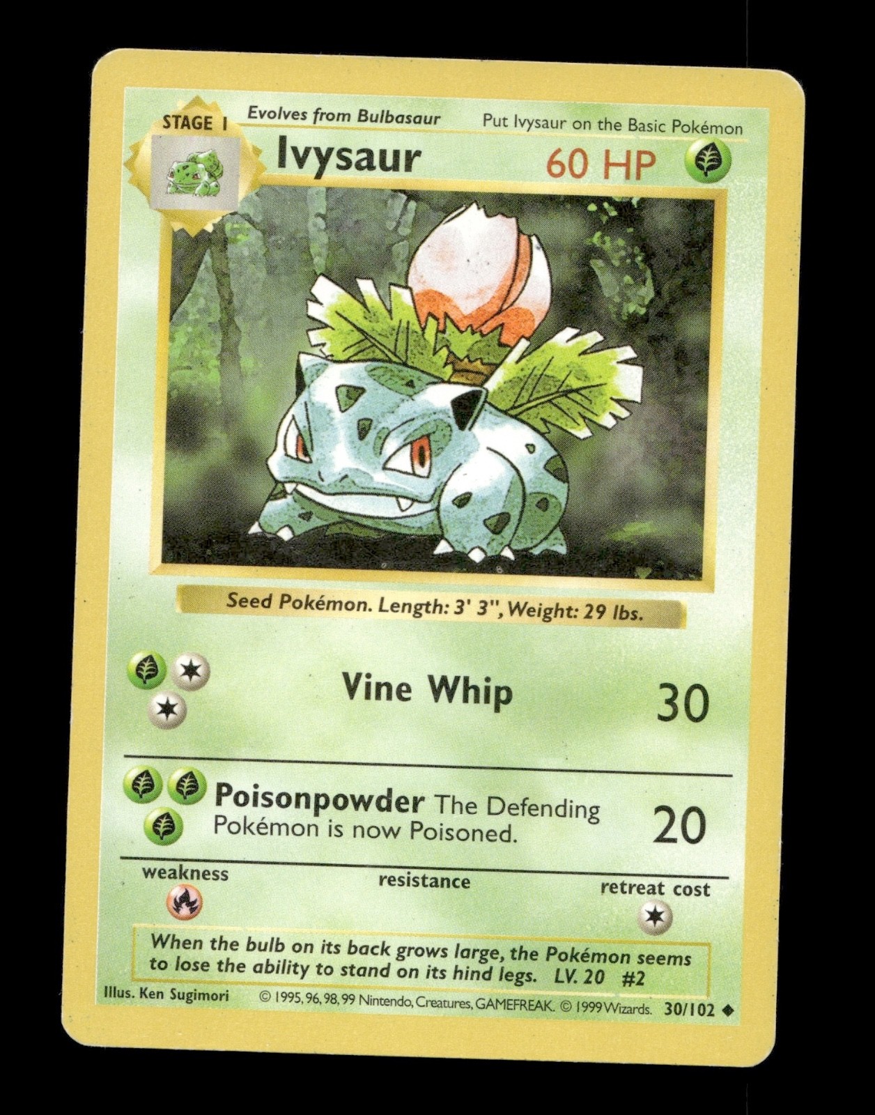 1999 Pokemon TCG Base Set Shadowless #30/102 Ivysaur Uncommon Card MP