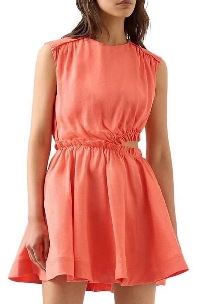 AJE Holly Cutout Linen Ruched Dress Size AU 12 US 8 Papaya Orange