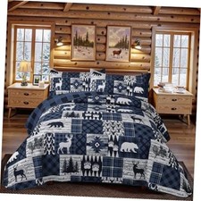 3 Piece Cabin Size Quilt Sets Farmhouse Rustic Reversible King Bear Blue