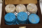 Egyptian Mother of Pearl & Turquoise Inlaid 30 Backgammon Chips, Backgammon Set