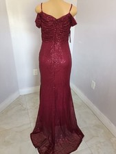 Burgundy Sequin Off-Shoulder Gown with Side Slit and Ruched Accents