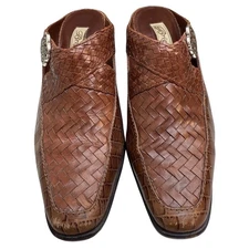 Brighton Twain Mules 7.5 Brown Woven Leather Croc Embossed Heeled Clogs