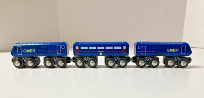 Toys R Us Wooden Passenger Train 3 Pc Set Blue 2 Engines 1 Passenger Coach - Image 1 of 4