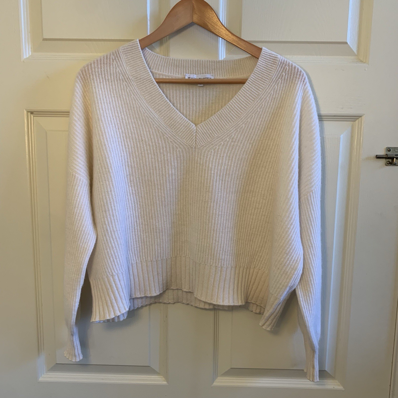 White + Warren 100% Cashmere V Neck Cropped Ribbed Stitch Sweater Beige Sz S